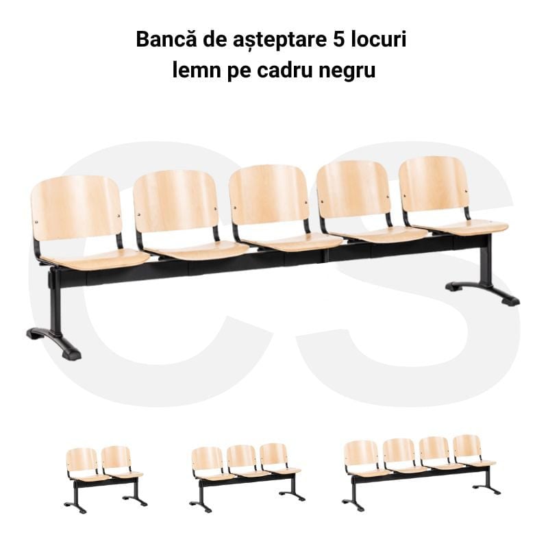 Bancă de așteptare 5 locuri lemn cadru negru