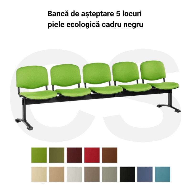 Bancă de așteptare 5 locuri din piele ecologică pe cadru negru
