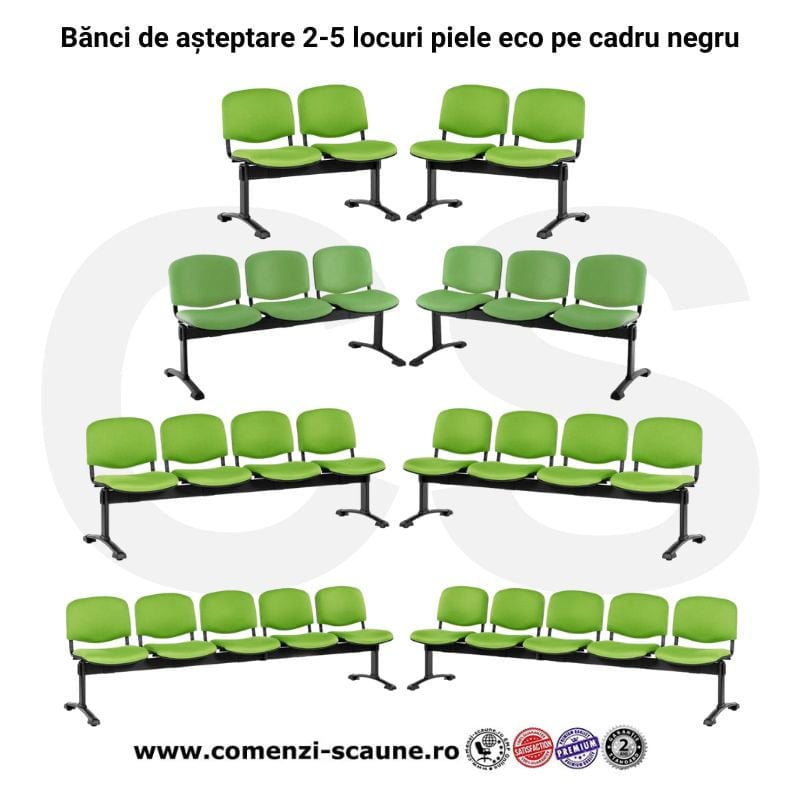 Bancă de așteptare din piele ecologică pe cadru negru 2-5 locuri