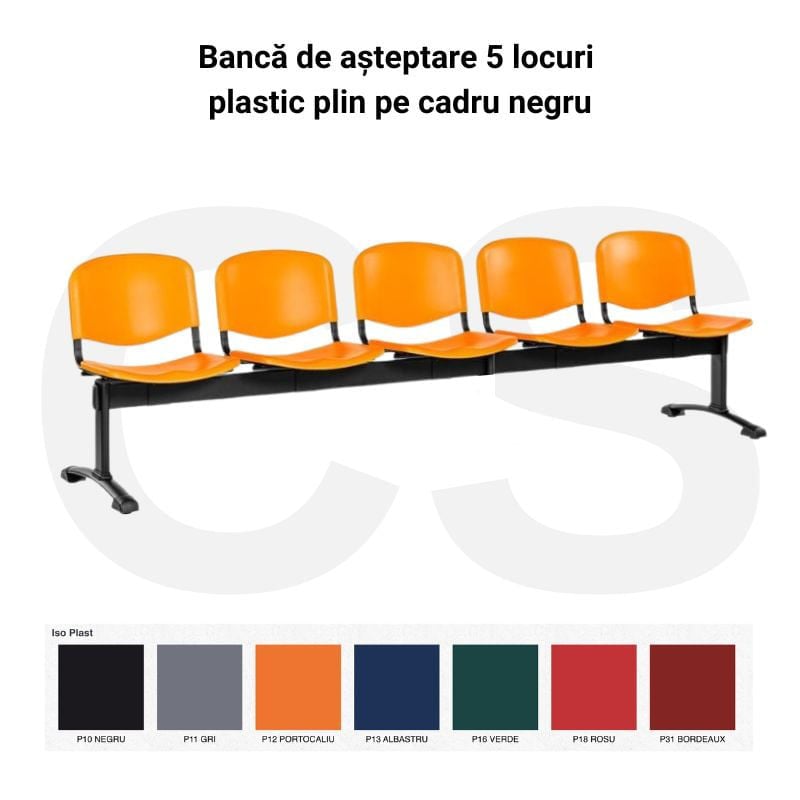 Bancă de așteptare 5 locuri plastic plin cadru negru