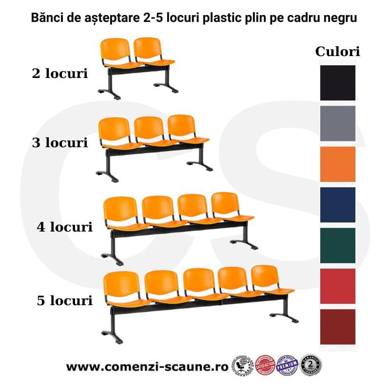 Banci de așteptare din plastic plin pe cadru negru diverse culori