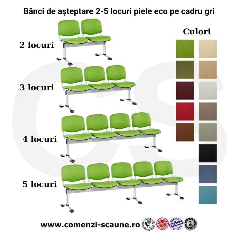 Bănci de așteptare 2-5 locuri din piele ecologică pe cadru gri