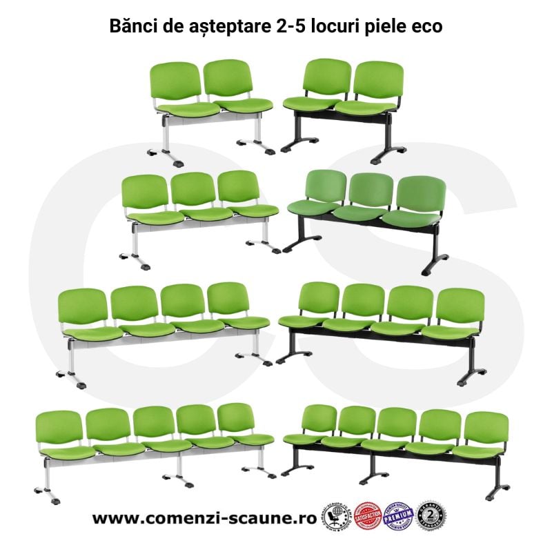 Bănci de așteptare cu 2-5 locuri din piele ecologică pe cadru negru sau gri