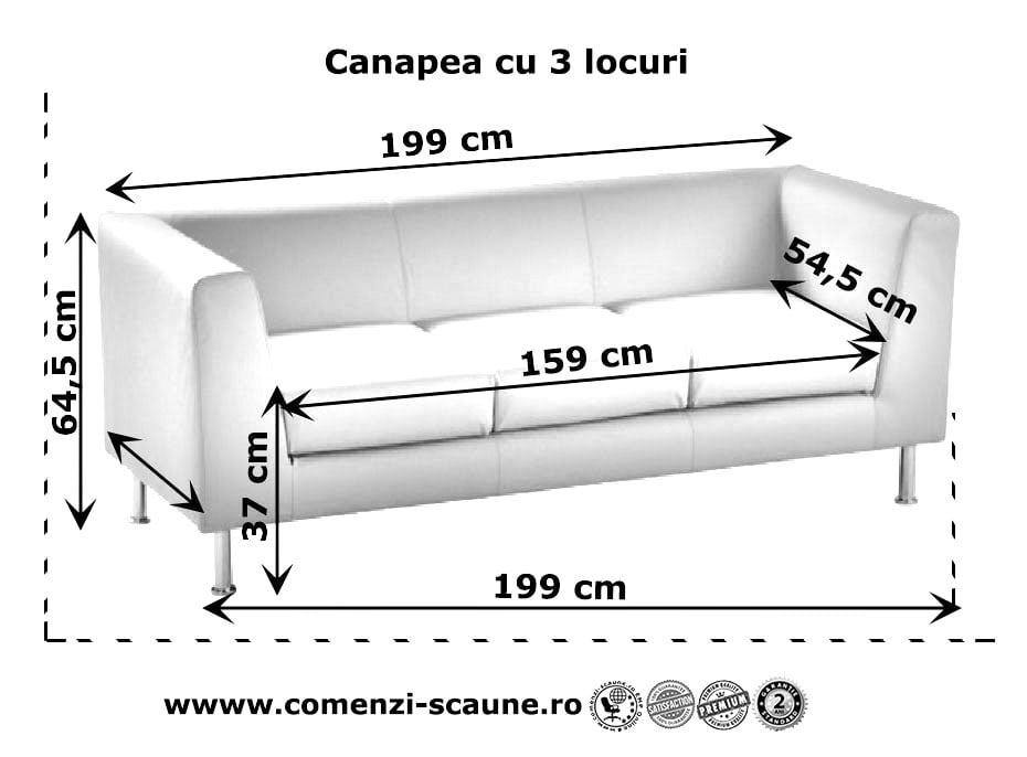 Canapea tapițată cu picioare cromate Notre Dame103 dimensiuni