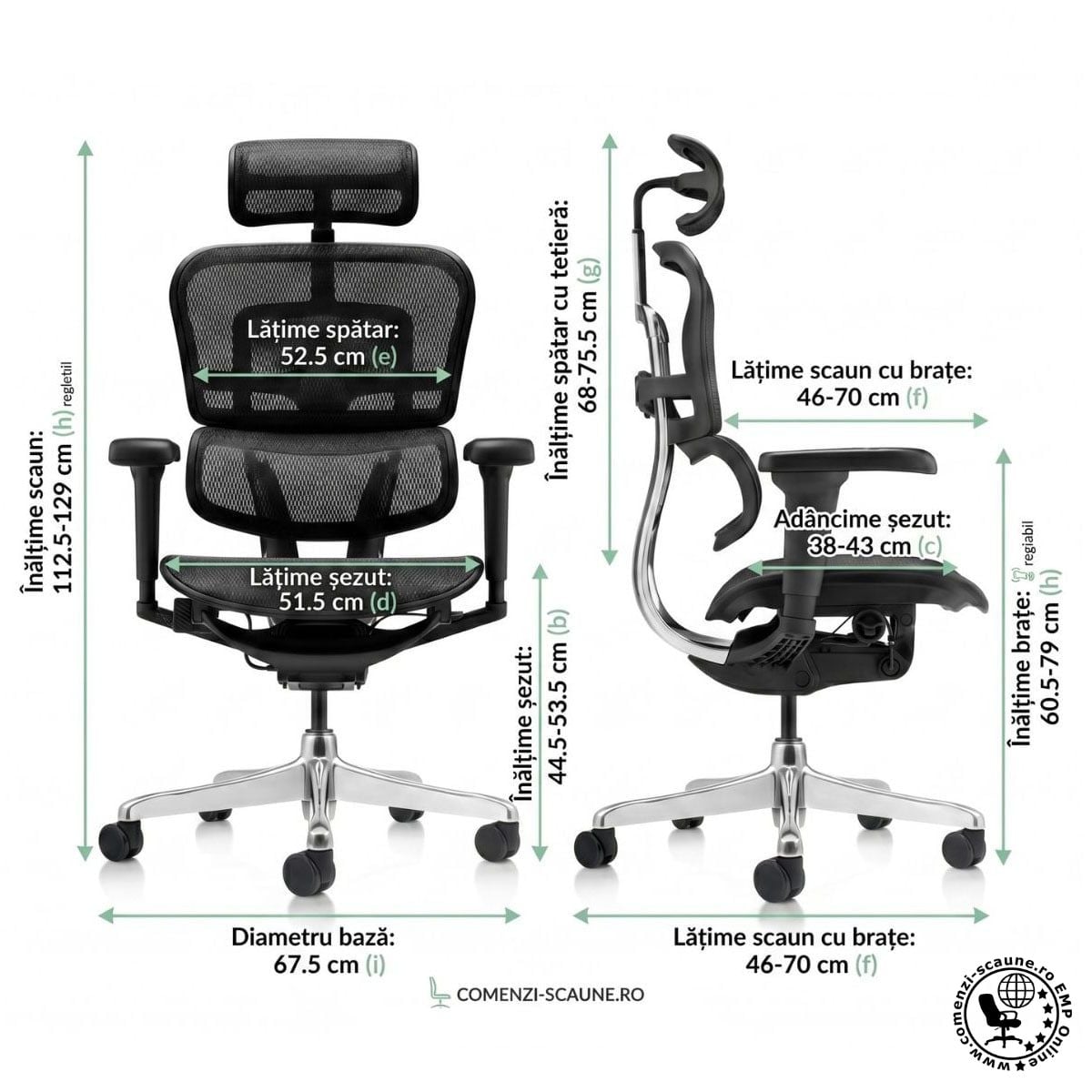 Dimensiuni scaun de birou Ergohuman 2 Ultra Black