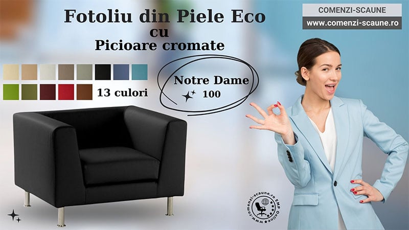 Fotoliu din piele eco cu picioare cromate Notre Dame 100 Negru CS Prezentare