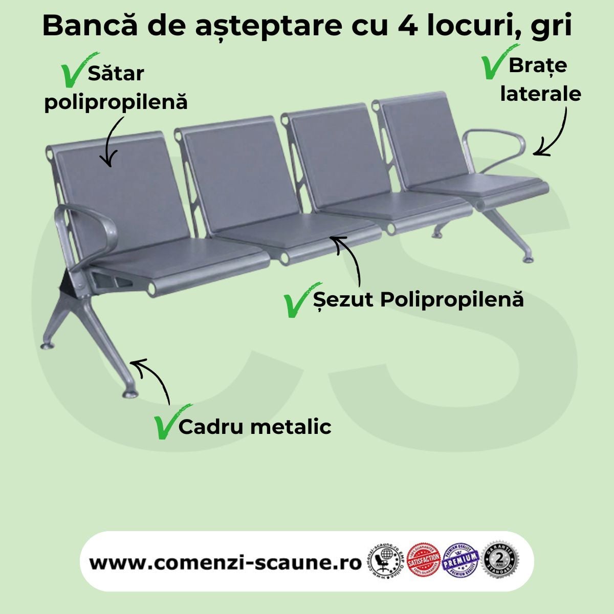 banca asteptare 4 locuri cu perne poliuretan gri pentru clinici, aeroport, sala asteptare