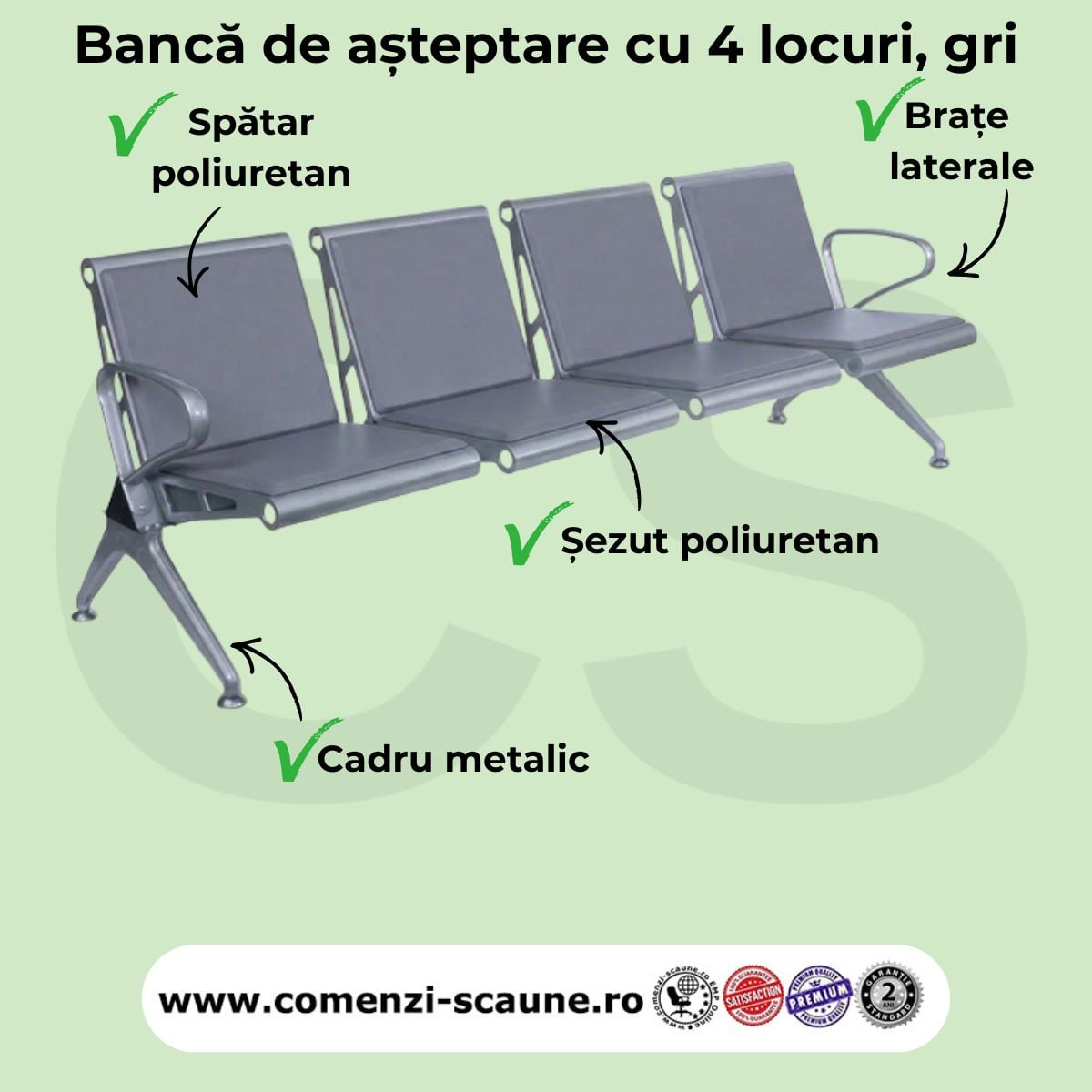 banca asteptare 4 locuri cu perne poliuretan gri pentru clinici, aeroport, sala asteptare