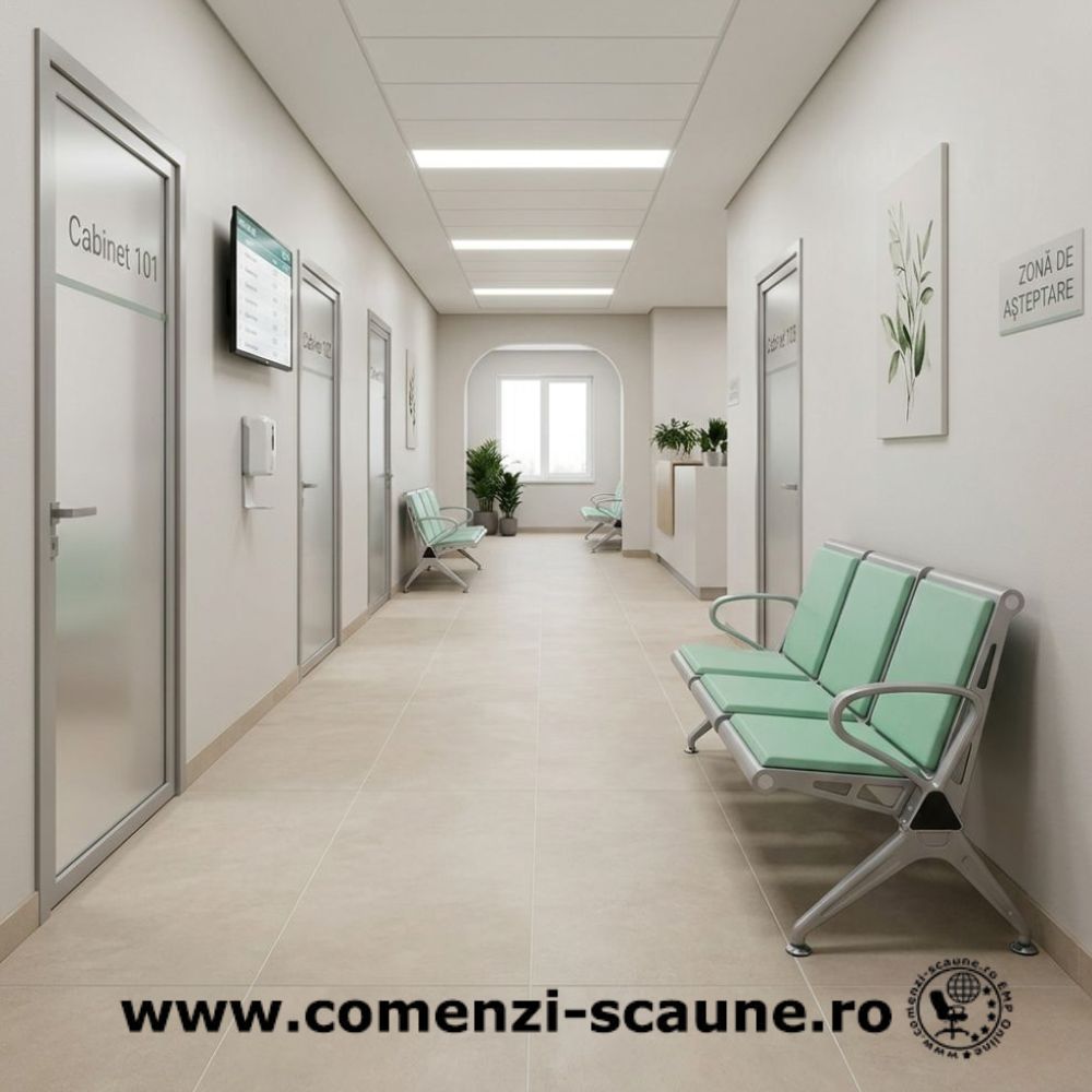 Bancă așteptare 3 locuri verde cu perne poliuretan – rezistentă și confortabilă