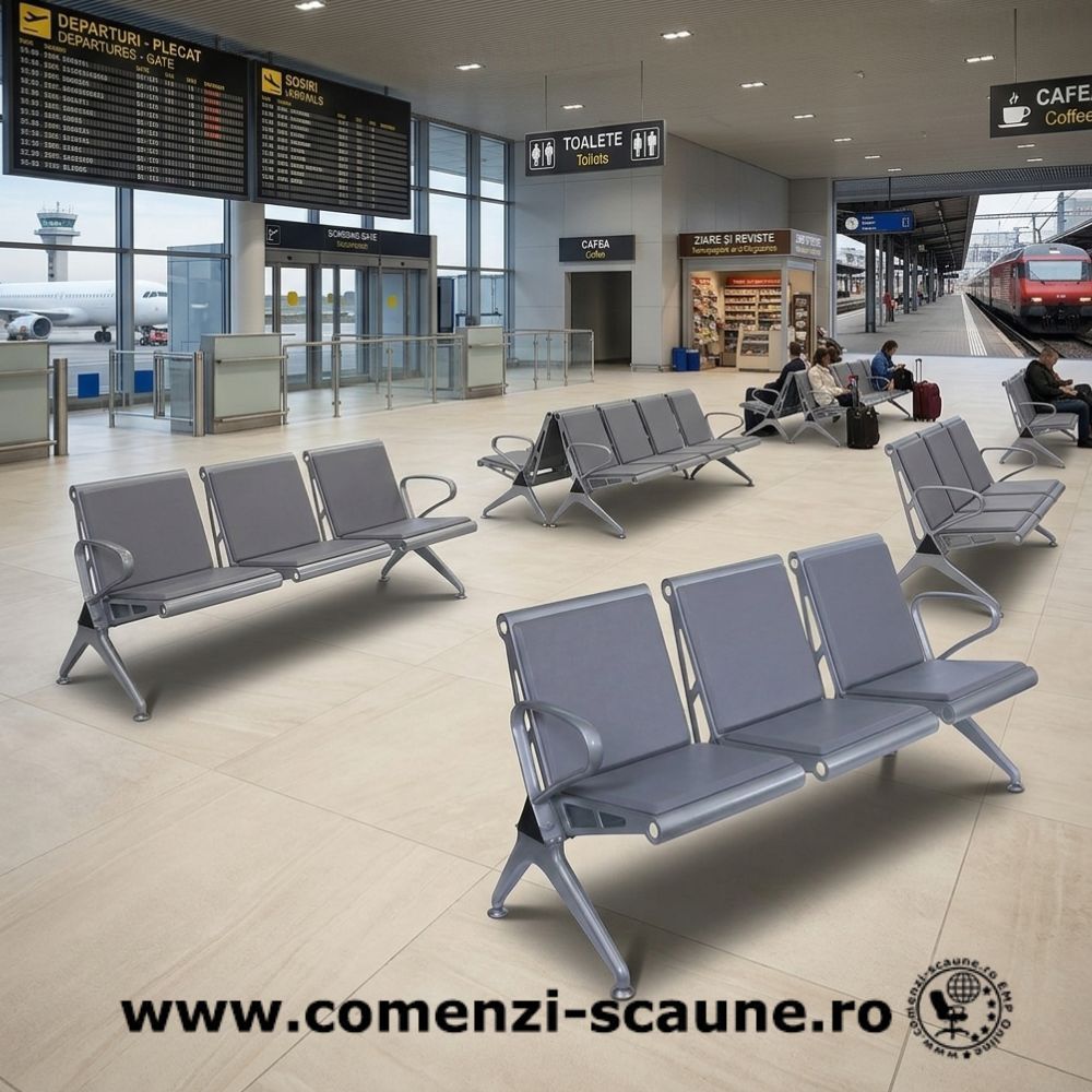 Bancă așteptare 3 locuri gri cu perne poliuretan – rezistentă și confortabilă