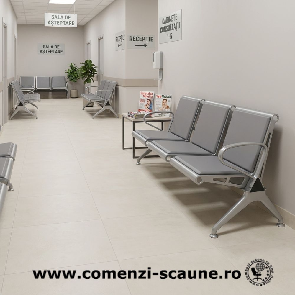 Bancă așteptare 3 locuri gri cu perne poliuretan – rezistentă și confortabilă