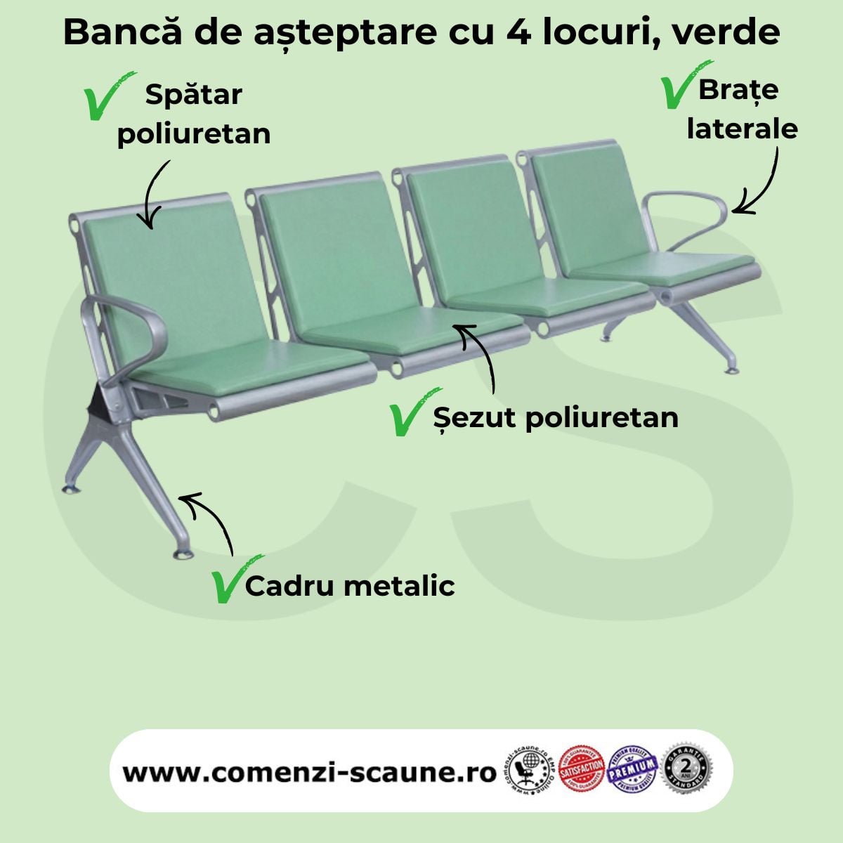 banca asteptare 4 locuri cu perne poliuretan pentru clinici, aeroport, sala asteptare