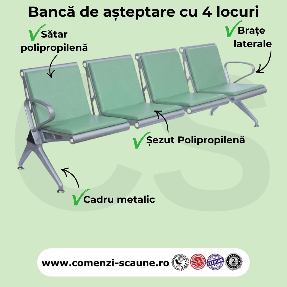banca asteptare 4 locuri cu perne poliuretan pentru clinici, aeroport, sala asteptare