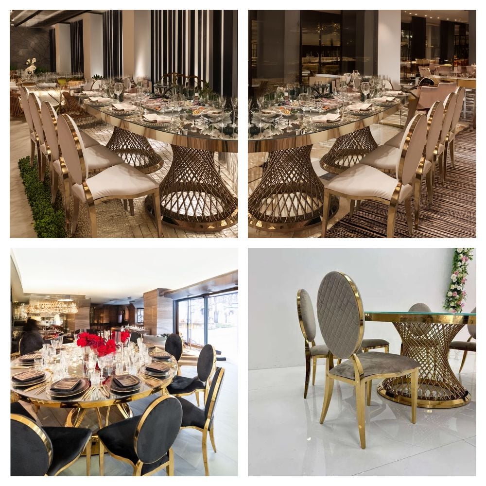 Scaune lux tapițate, catifea pe cadru auriu din oțel inoxidabil