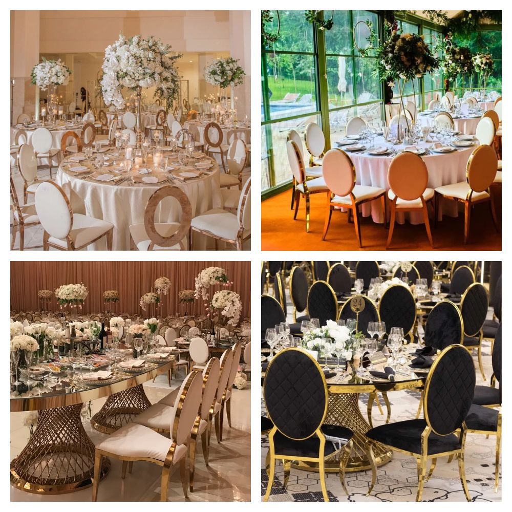 Scaune lux tapițate, catifea pe cadru auriu din oțel inoxidabil, sală de evenimente